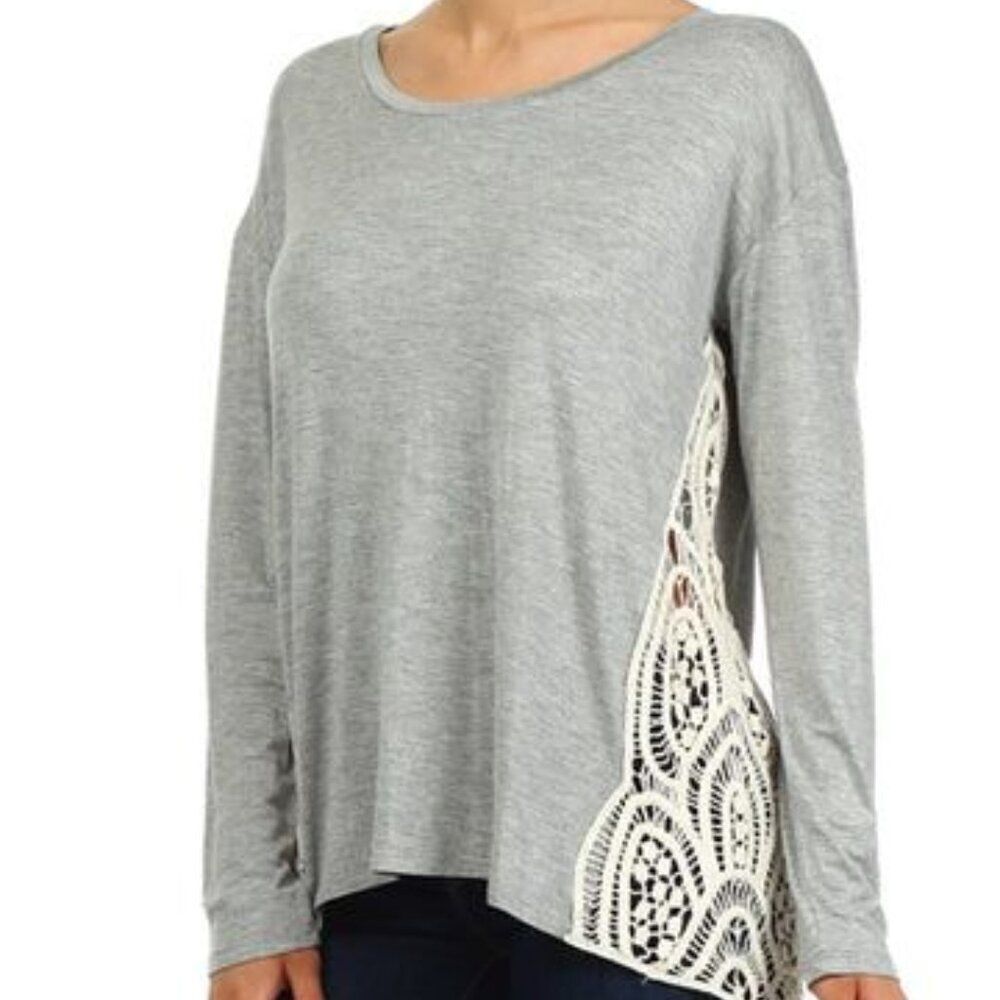 Hem & Thread long sleeve top grey ivory crochet lace accents boho
